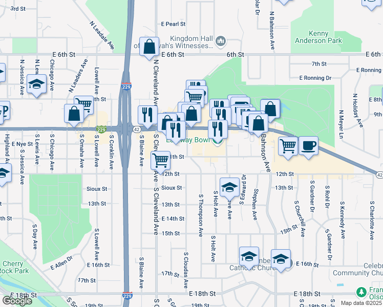 map of restaurants, bars, coffee shops, grocery stores, and more near 2900 East 11th Street in Sioux Falls