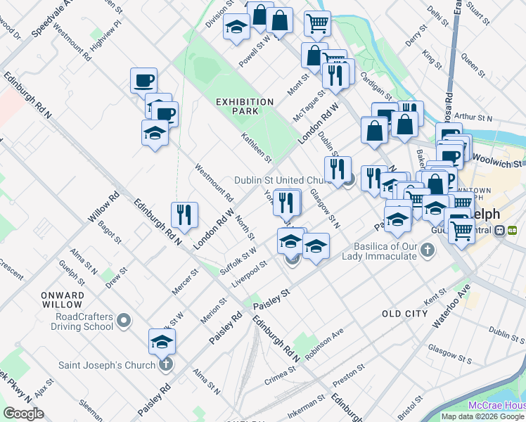 map of restaurants, bars, coffee shops, grocery stores, and more near 10 Home Street in Guelph