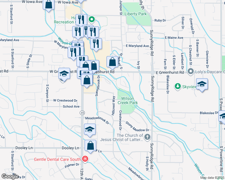 map of restaurants, bars, coffee shops, grocery stores, and more near 2500 Hillcrest Way in Nampa