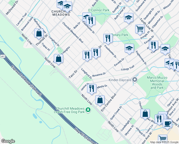 map of restaurants, bars, coffee shops, grocery stores, and more near 5416 Rochelle Way in Mississauga