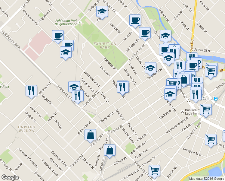 map of restaurants, bars, coffee shops, grocery stores, and more near 14 Home Street in Guelph