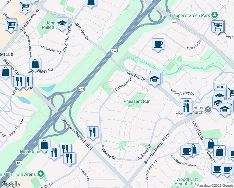 map of restaurants, bars, coffee shops, grocery stores, and more near 6 Pheasant Run Trail in Mississauga