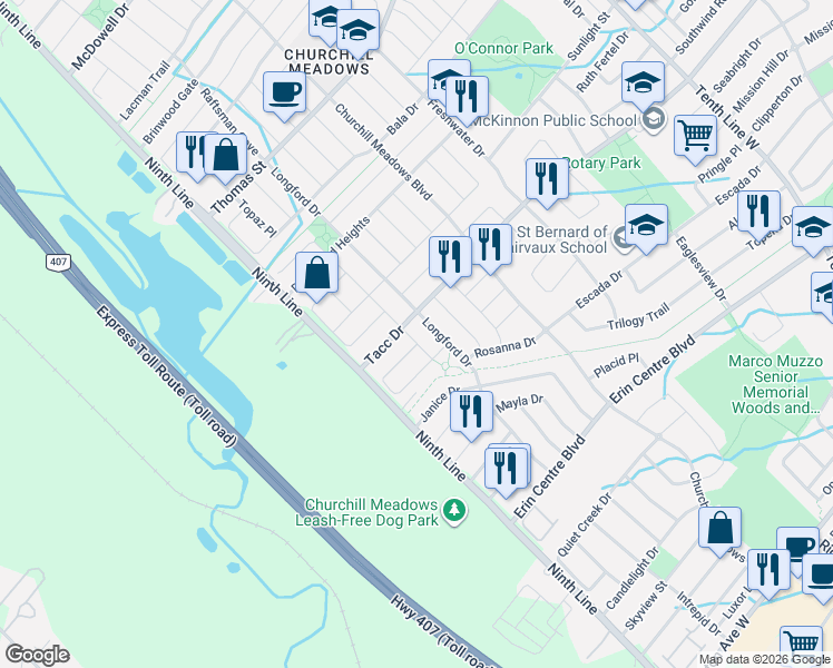 map of restaurants, bars, coffee shops, grocery stores, and more near 5455 Farmcote Drive in Mississauga