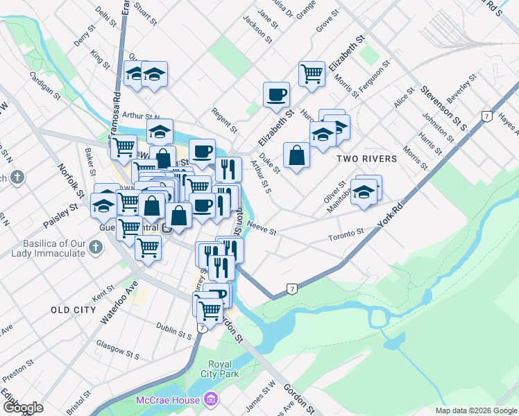 map of restaurants, bars, coffee shops, grocery stores, and more near 73 Arthur Street South in Guelph