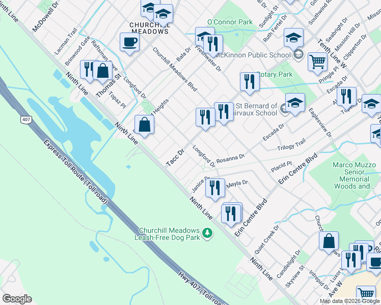 map of restaurants, bars, coffee shops, grocery stores, and more near 5455 Farmcote Drive in Mississauga