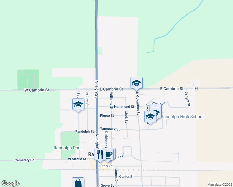 map of restaurants, bars, coffee shops, grocery stores, and more near 620 Williams St in Randolph