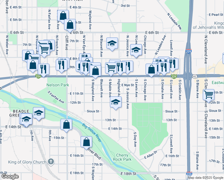 map of restaurants, bars, coffee shops, grocery stores, and more near 312 South Mable Avenue in Sioux Falls
