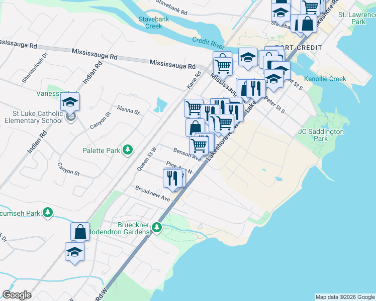 map of restaurants, bars, coffee shops, grocery stores, and more near 15 Benson Avenue in Mississauga