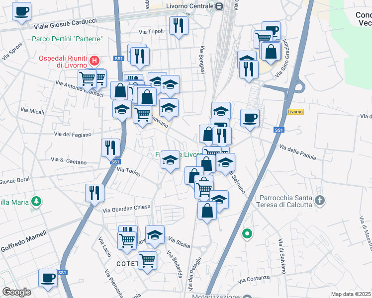 map of restaurants, bars, coffee shops, grocery stores, and more near 20/A Via Adolfo Tommasi in Livorno