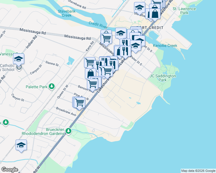 map of restaurants, bars, coffee shops, grocery stores, and more near 10 Lou Parsons Way in Mississauga