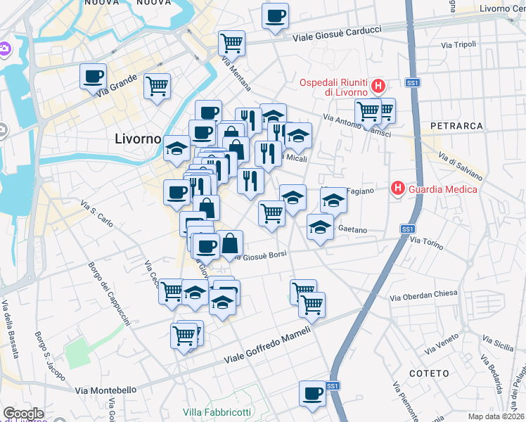 map of restaurants, bars, coffee shops, grocery stores, and more near 20 Via Bonaini in Livorno