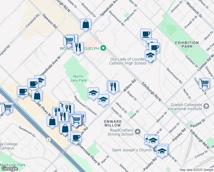 map of restaurants, bars, coffee shops, grocery stores, and more near 38 Dawson Road in Guelph