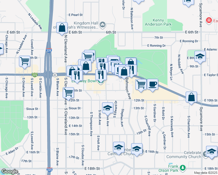 map of restaurants, bars, coffee shops, grocery stores, and more near 401 South Sneve Avenue in Sioux Falls