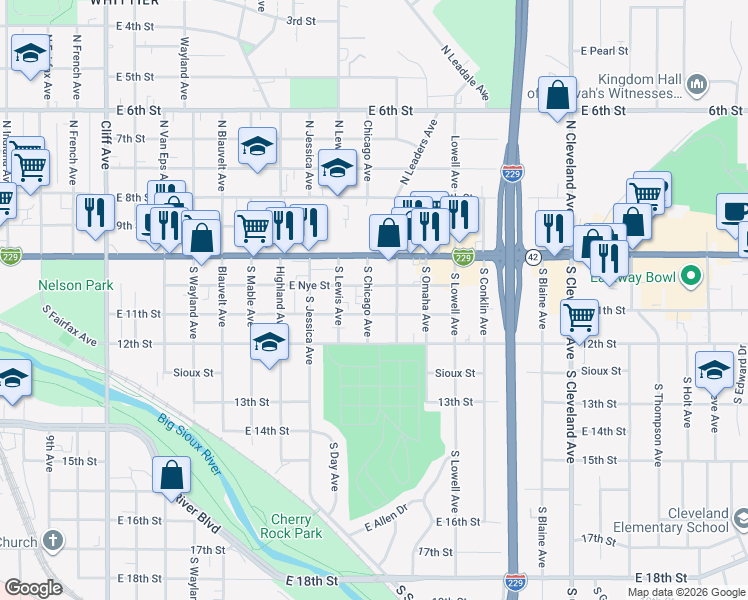 map of restaurants, bars, coffee shops, grocery stores, and more near 331 South Chicago Avenue in Sioux Falls