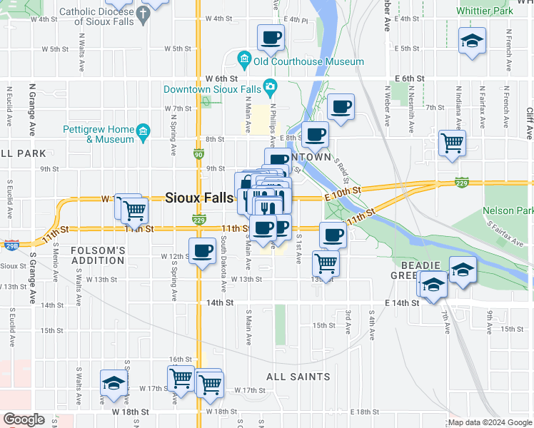 map of restaurants, bars, coffee shops, grocery stores, and more near 116 West 11th Street in Sioux Falls