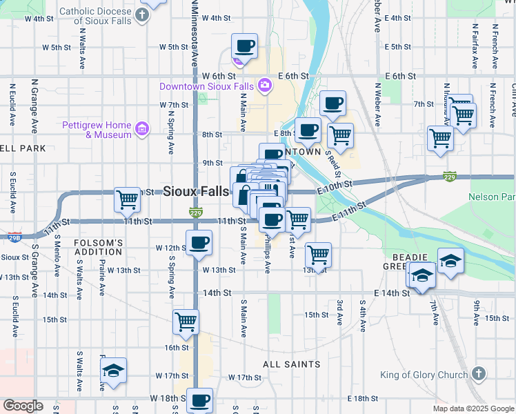map of restaurants, bars, coffee shops, grocery stores, and more near 116 West 11th Street in Sioux Falls