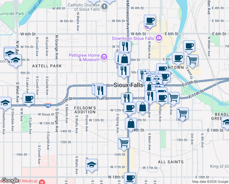 map of restaurants, bars, coffee shops, grocery stores, and more near 223 South Spring Avenue in Sioux Falls