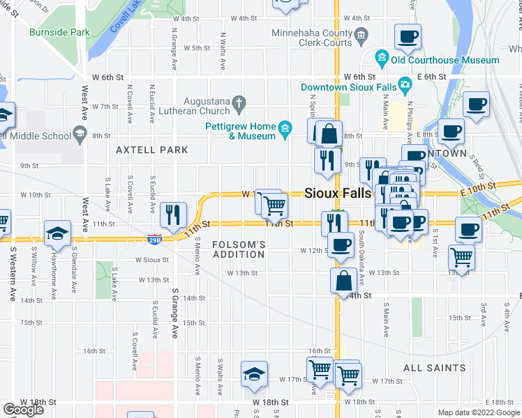 map of restaurants, bars, coffee shops, grocery stores, and more near 716 West 11th Street in Sioux Falls