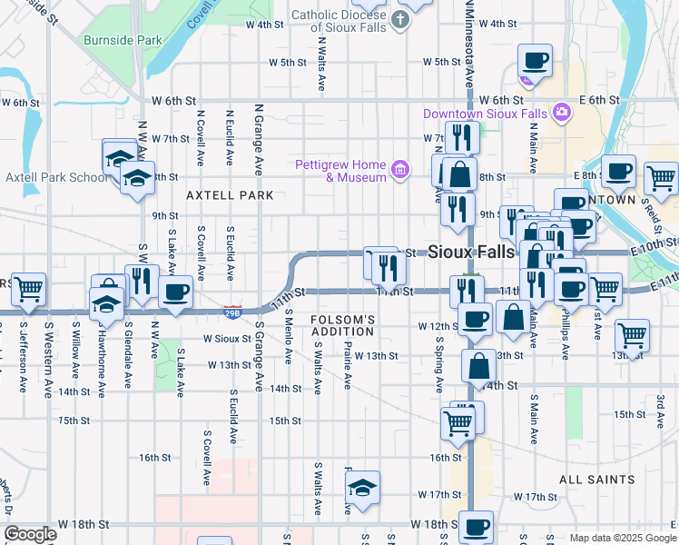 map of restaurants, bars, coffee shops, grocery stores, and more near 818 West 11th Street in Sioux Falls