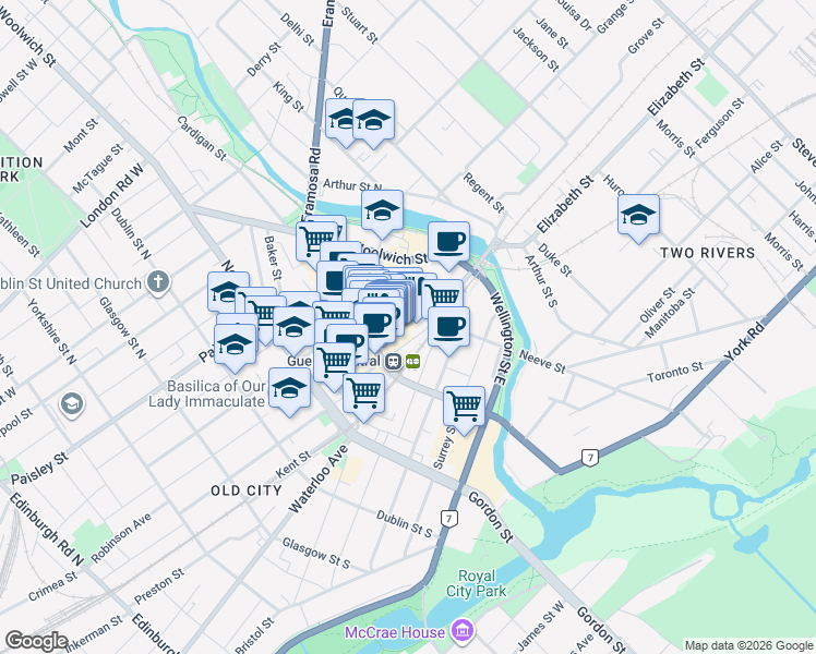 map of restaurants, bars, coffee shops, grocery stores, and more near 105 Macdonell Street in Guelph