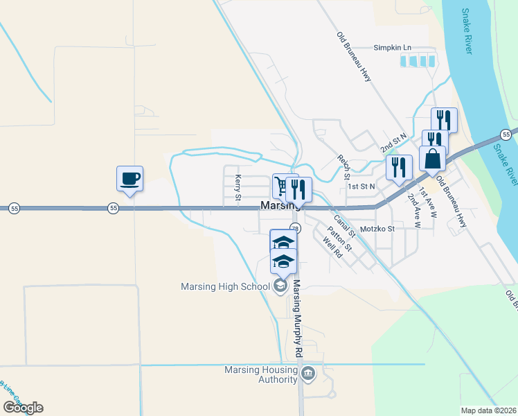 map of restaurants, bars, coffee shops, grocery stores, and more near 909 Main St in Marsing