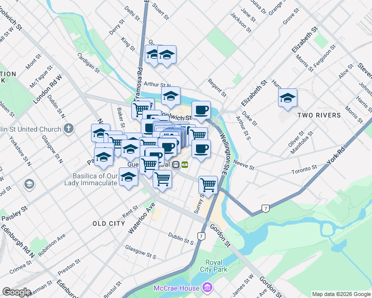map of restaurants, bars, coffee shops, grocery stores, and more near 106 Carden Street in Guelph