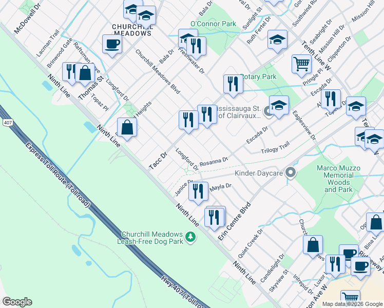 map of restaurants, bars, coffee shops, grocery stores, and more near 5430 Rochelle Way in Mississauga