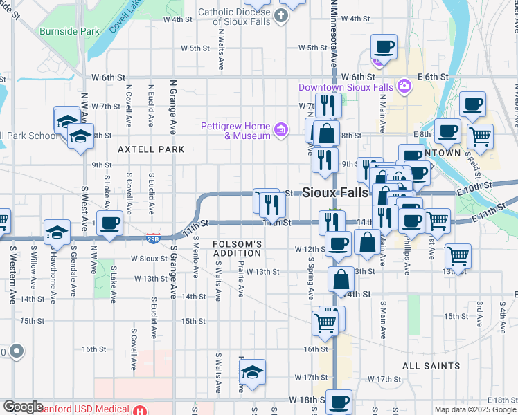 map of restaurants, bars, coffee shops, grocery stores, and more near 217 South Summit Avenue in Sioux Falls