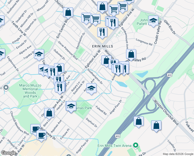 map of restaurants, bars, coffee shops, grocery stores, and more near Southampton Drive in Mississauga