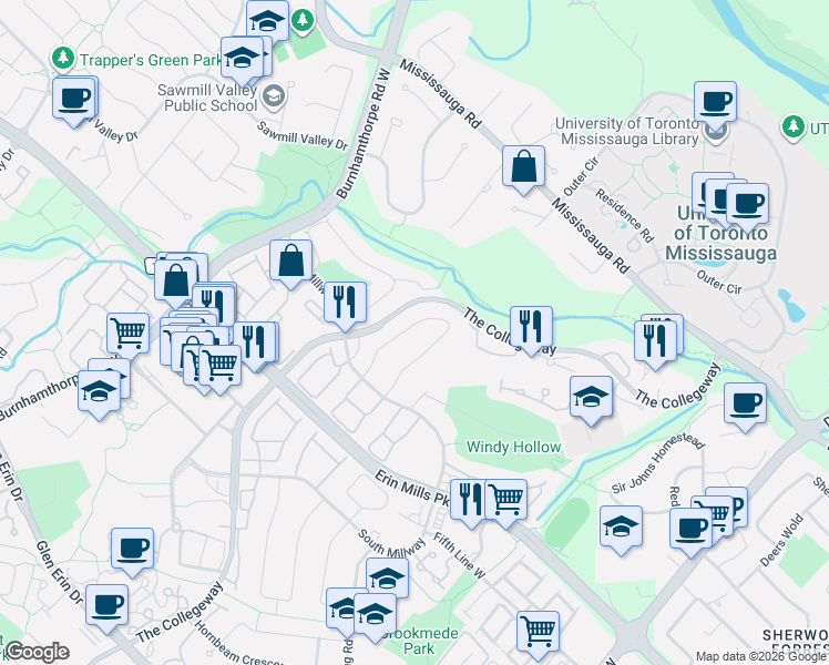 map of restaurants, bars, coffee shops, grocery stores, and more near 1986 Roy Ivor Crescent in Mississauga