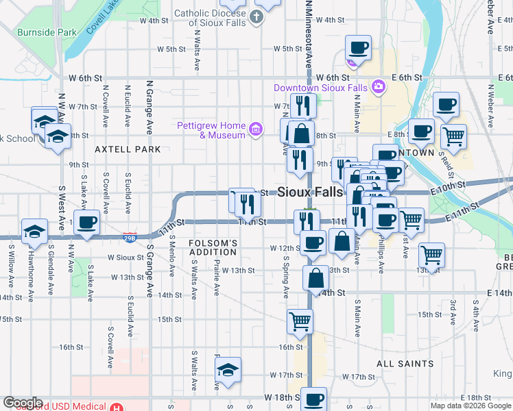 map of restaurants, bars, coffee shops, grocery stores, and more near 618 West 11th Street in Sioux Falls