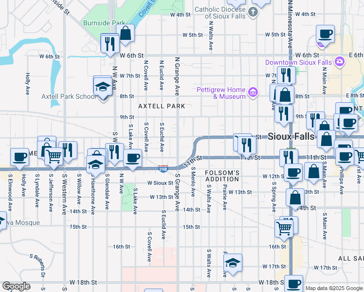 map of restaurants, bars, coffee shops, grocery stores, and more near 266 South Grange Avenue in Sioux Falls