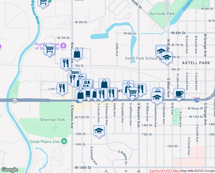 map of restaurants, bars, coffee shops, grocery stores, and more near 230 South Elmwood Avenue in Sioux Falls