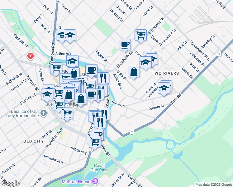 map of restaurants, bars, coffee shops, grocery stores, and more near 73 Arthur Street South in Guelph