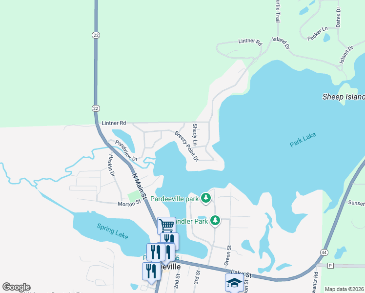 map of restaurants, bars, coffee shops, grocery stores, and more near 501 Breezy Point Drive in Pardeeville