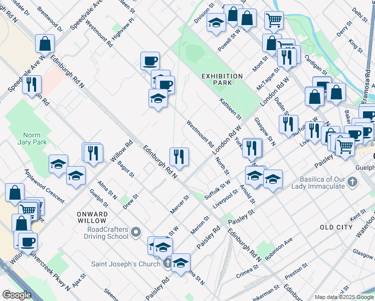 map of restaurants, bars, coffee shops, grocery stores, and more near 15 Hamel Avenue in Guelph