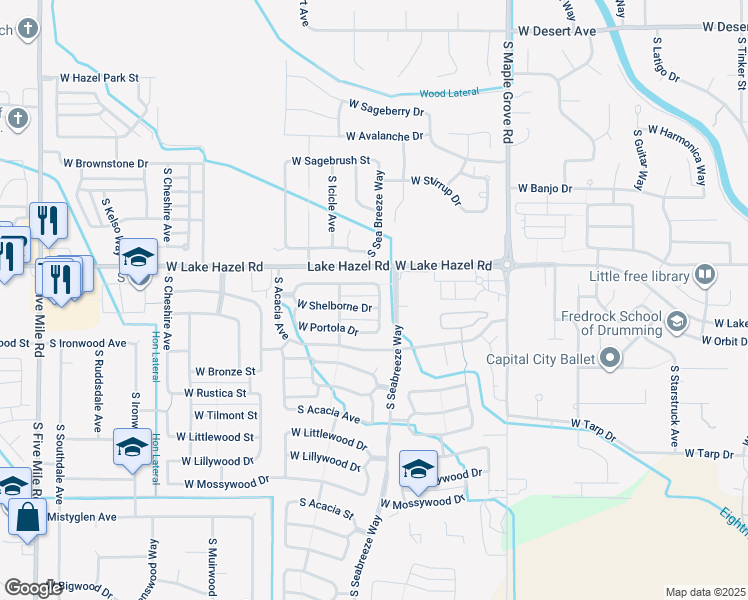 map of restaurants, bars, coffee shops, grocery stores, and more near 9450 West Shelborne Drive in Boise