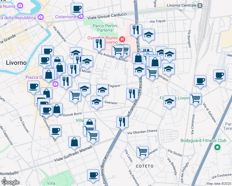 map of restaurants, bars, coffee shops, grocery stores, and more near 10 Via Ernesto Manasse in Livorno