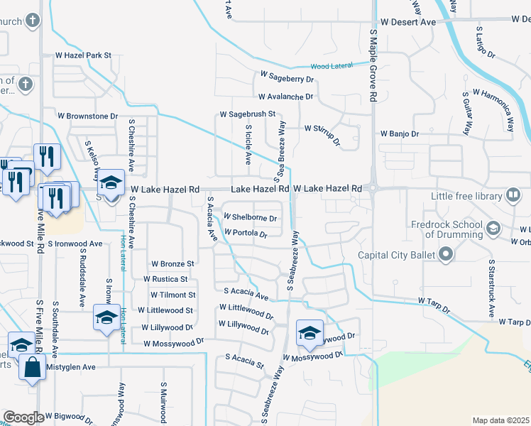 map of restaurants, bars, coffee shops, grocery stores, and more near 9530 West Shelborne Drive in Boise
