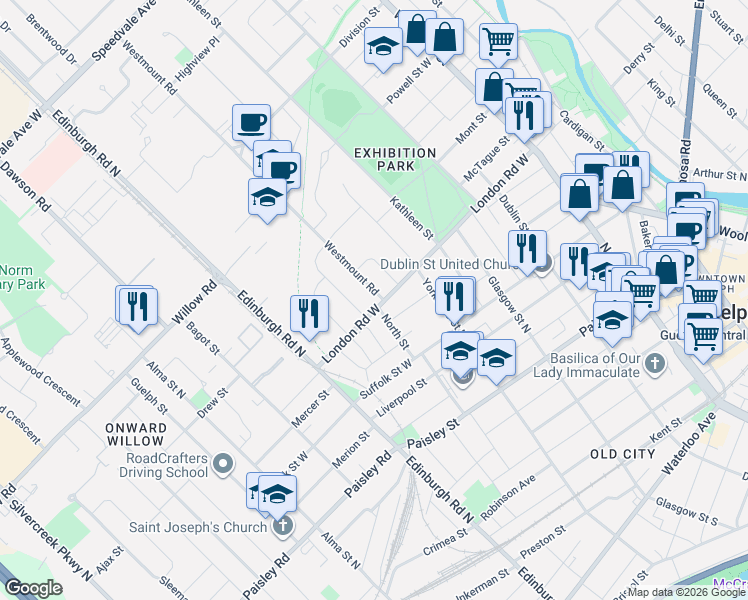 map of restaurants, bars, coffee shops, grocery stores, and more near 48 North Street in Guelph