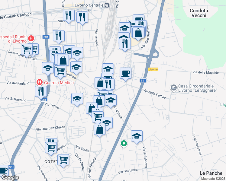 map of restaurants, bars, coffee shops, grocery stores, and more near 10 Via della Padula in Livorno