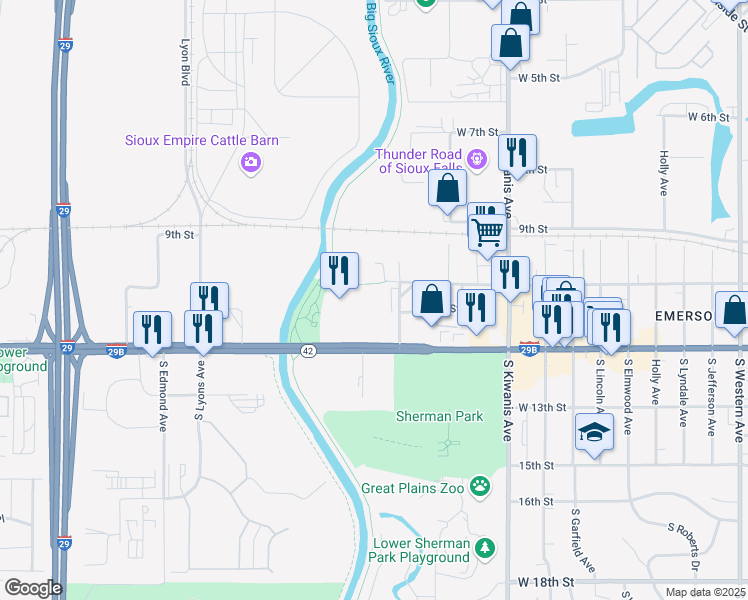map of restaurants, bars, coffee shops, grocery stores, and more near 3020 West 12th Street in Sioux Falls