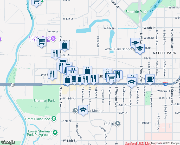 map of restaurants, bars, coffee shops, grocery stores, and more near 230 South Elmwood Avenue in Sioux Falls