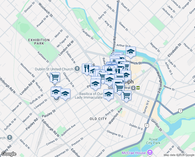 map of restaurants, bars, coffee shops, grocery stores, and more near 3 Paisley Street in Guelph