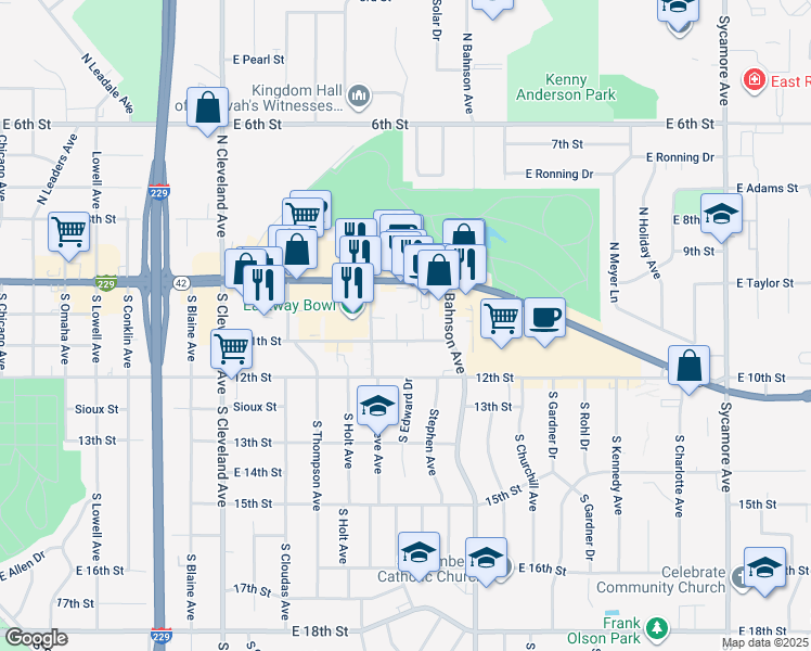 map of restaurants, bars, coffee shops, grocery stores, and more near 3403 East 11th Street in Sioux Falls