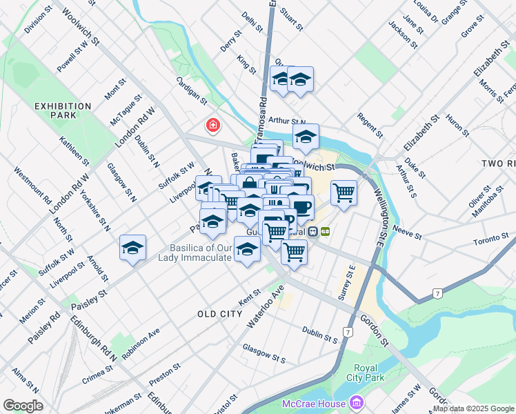 map of restaurants, bars, coffee shops, grocery stores, and more near 35 Quebec Street in Guelph