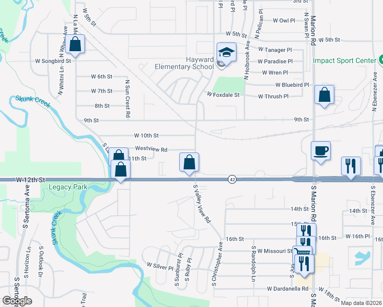 map of restaurants, bars, coffee shops, grocery stores, and more near 6201 Westview Road in Sioux Falls