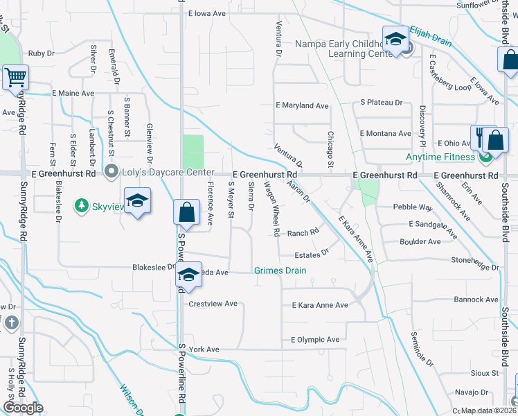 map of restaurants, bars, coffee shops, grocery stores, and more near 2426 Sierra Drive in Nampa