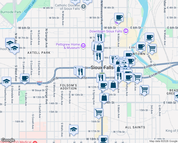 map of restaurants, bars, coffee shops, grocery stores, and more near 223 South Spring Avenue in Sioux Falls