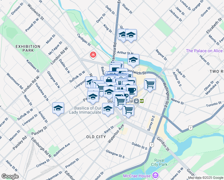 map of restaurants, bars, coffee shops, grocery stores, and more near 35 Quebec Street in Guelph